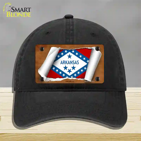 Arkansas Flag Scroll Novelty License Plate Hat Unconstructed Cotton / Black