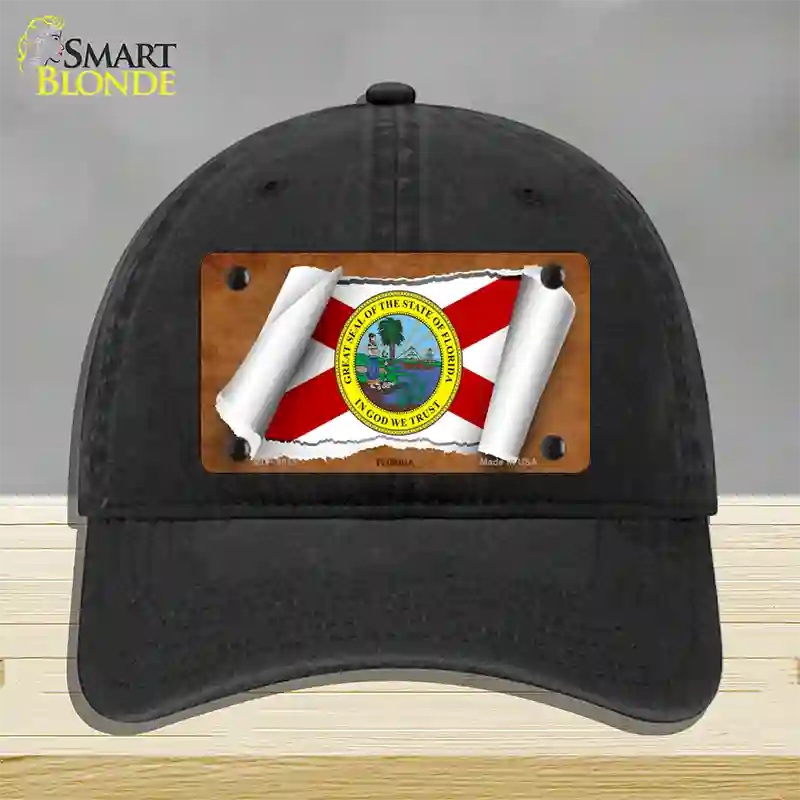 Florida Flag Scroll Novelty License Plate Hat Unconstructed Cotton / Black