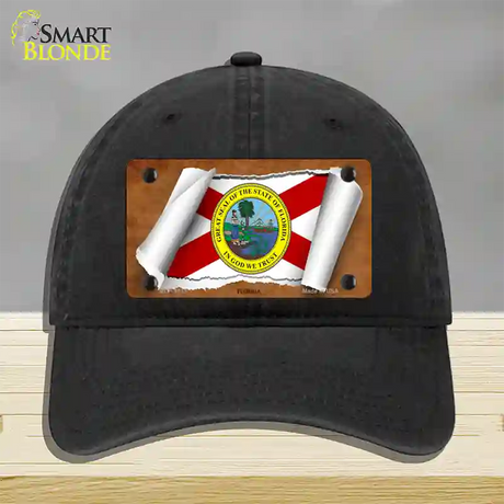 Florida Flag Scroll Novelty License Plate Hat Unconstructed Cotton / Black