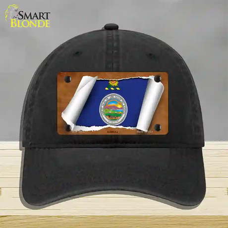 Kansas Flag Scroll Novelty License Plate Hat Unconstructed Cotton / Black