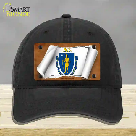 Massachusetts Flag Scroll Novelty License Plate Hat Unconstructed Cotton / Black