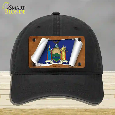 New York Flag Scroll Novelty License Plate Hat Unconstructed Cotton / Black