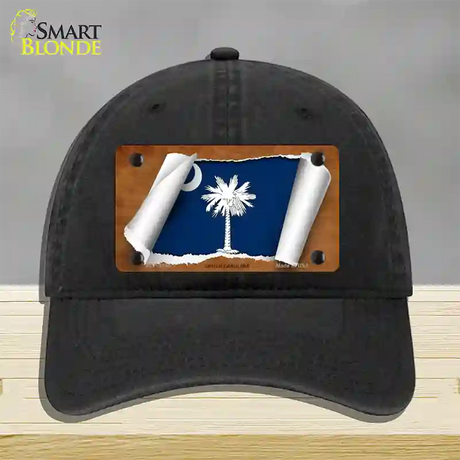 South Carolina Flag Scroll Novelty License Plate Hat Unconstructed Cotton / Black