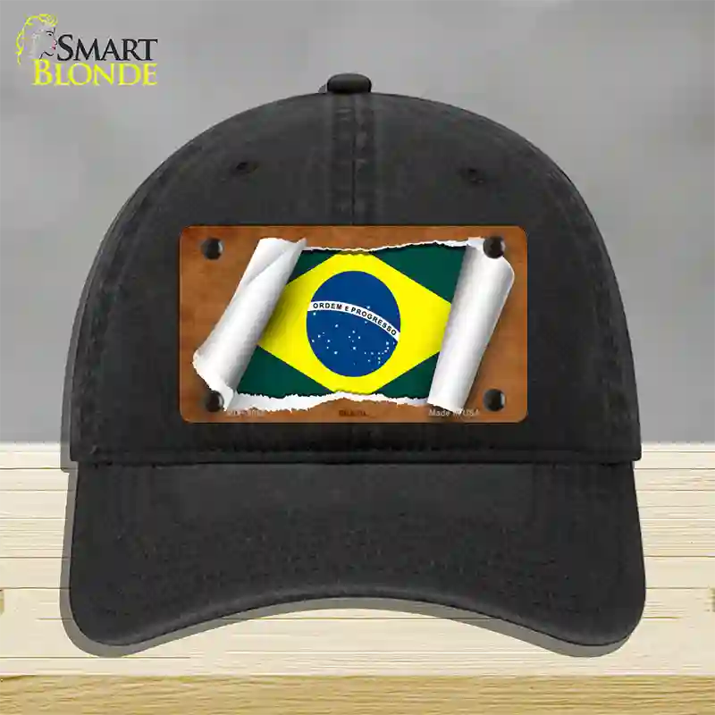 Brazil Flag Scroll Novelty License Plate Hat Unconstructed Cotton / Black