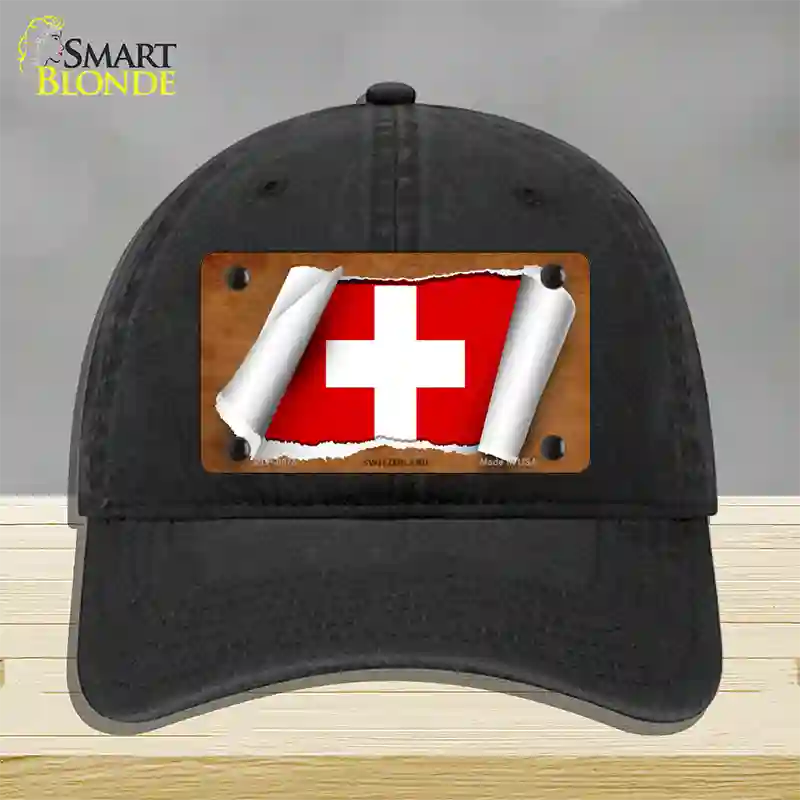 Switzerland Flag Scroll Novelty License Plate Hat Unconstructed Cotton / Black