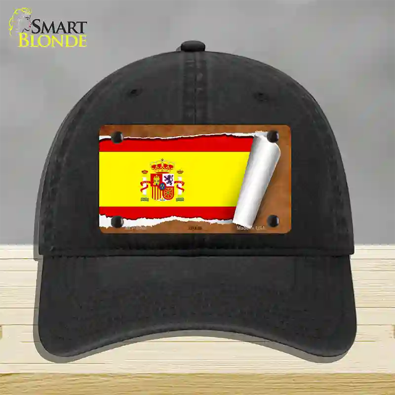 Spain Flag Scroll Novelty License Plate Hat Unconstructed Cotton / Black