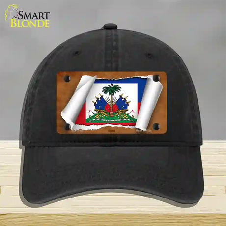 Haiti Flag Scroll Novelty License Plate Hat Unconstructed Cotton / Black