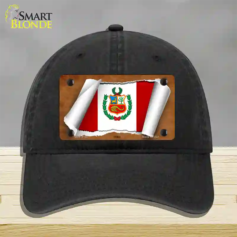 Peru Flag Scroll Novelty License Plate Hat Unconstructed Cotton / Black