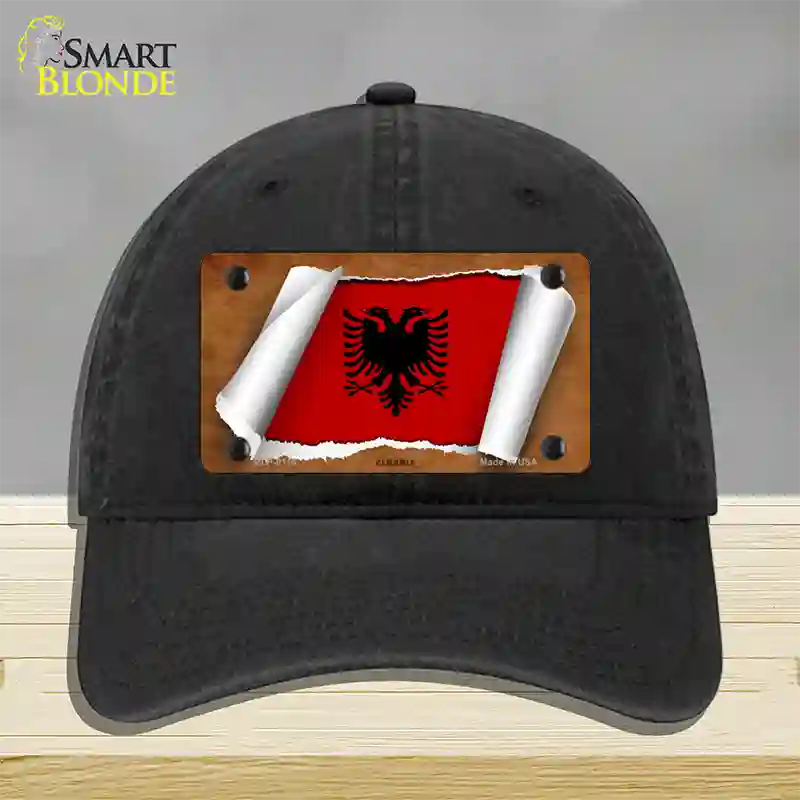 Albania Flag Scroll Novelty License Plate Hat Unconstructed Cotton / Black