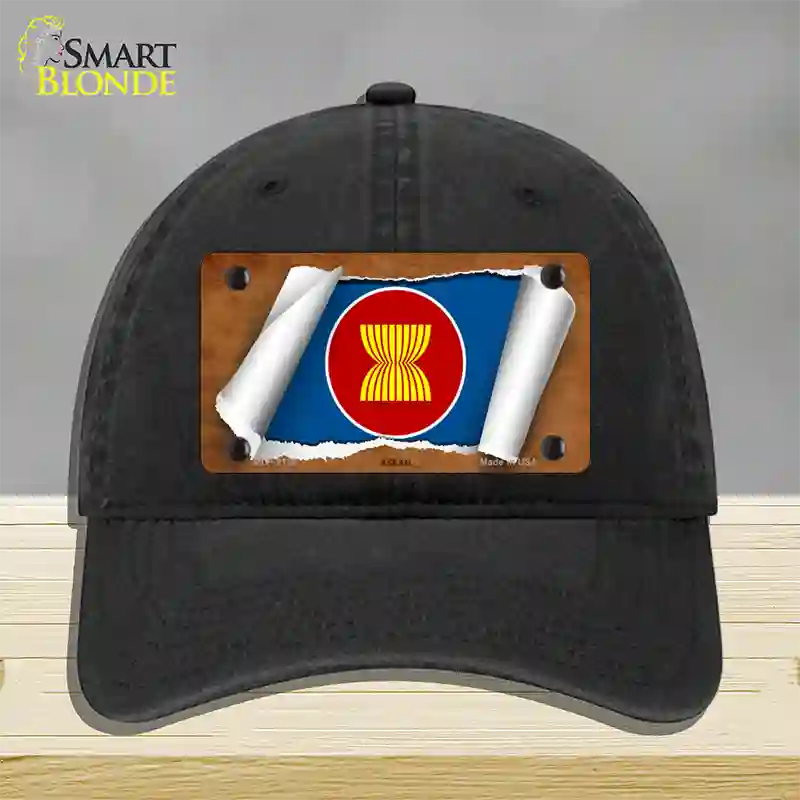 Asean Flag Scroll Novelty License Plate Hat Unconstructed Cotton / Black