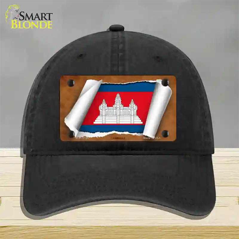 Cambodia Flag Scroll Novelty License Plate Hat Unconstructed Cotton / Black