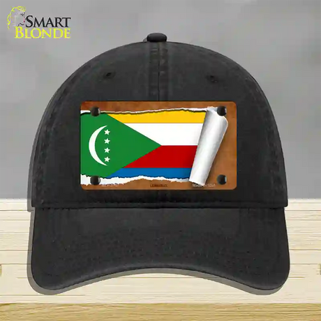 Comoros Flag Scroll Novelty License Plate Hat Unconstructed Cotton / Black