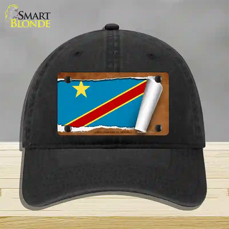 Congo Democratic Republic Flag Scroll Novelty License Plate Hat Unconstructed Cotton / Black