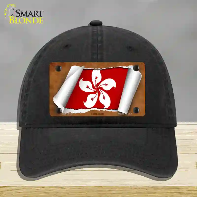 Hong Kong Flag Scroll Novelty License Plate Hat Unconstructed Cotton / Black