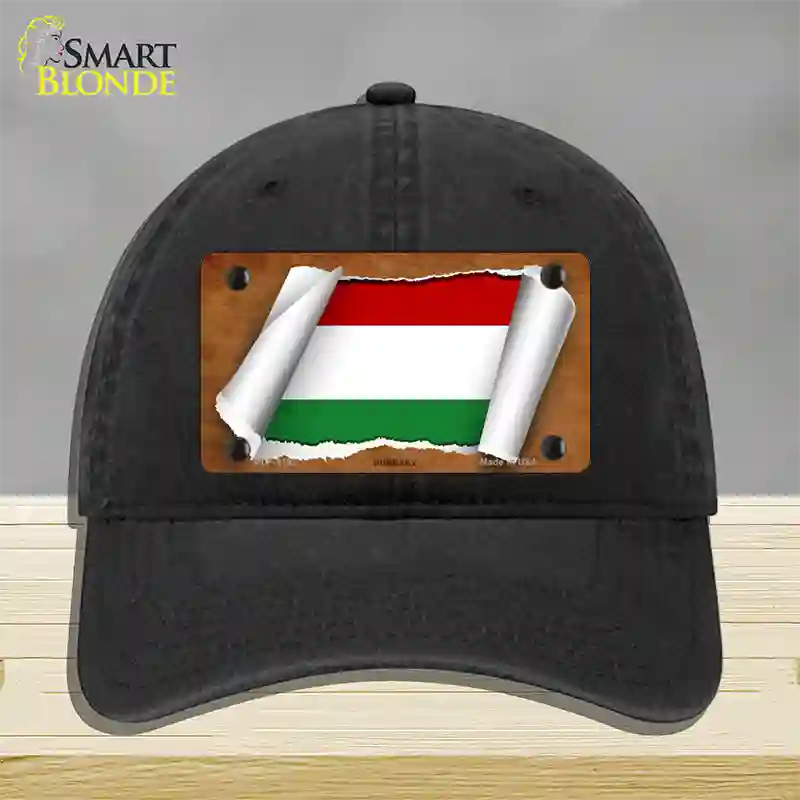 Hungary Flag Scroll Novelty License Plate Hat Unconstructed Cotton / Black