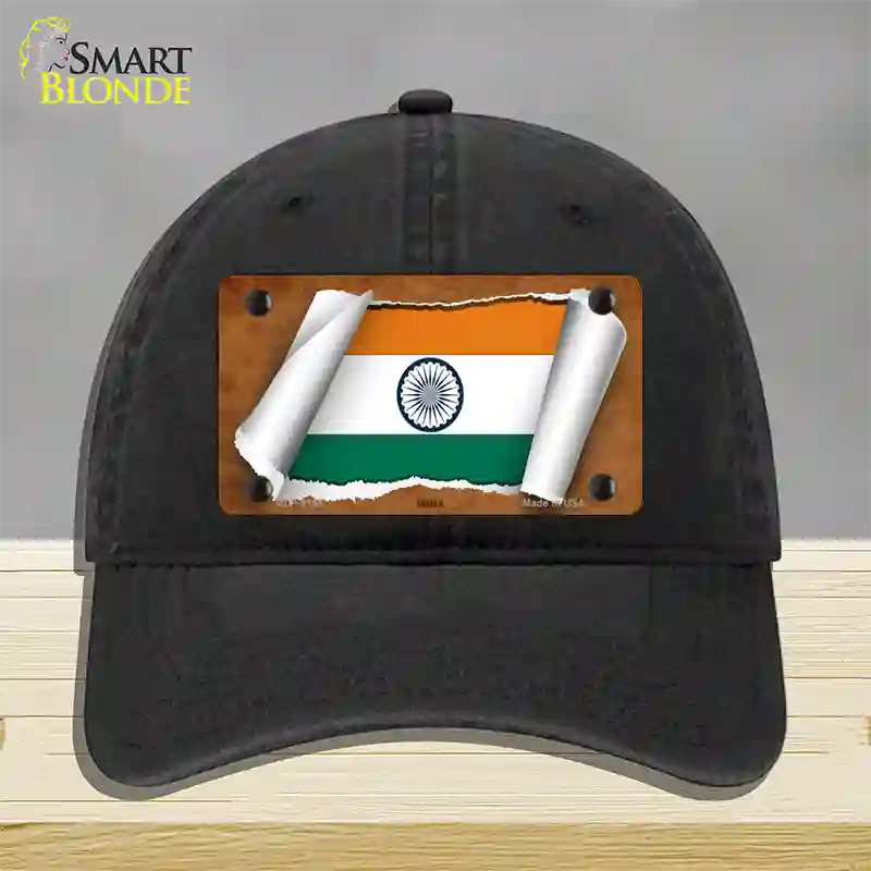 India Flag Scroll Novelty License Plate Hat Unconstructed Cotton / Black