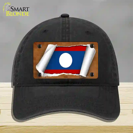 Laos Flag Scroll Novelty License Plate Hat Unconstructed Cotton / Black