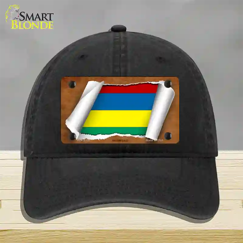 Mauritius Flag Scroll Novelty License Plate Hat Unconstructed Cotton / Black