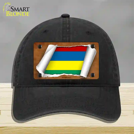 Mauritius Flag Scroll Novelty License Plate Hat Unconstructed Cotton / Black