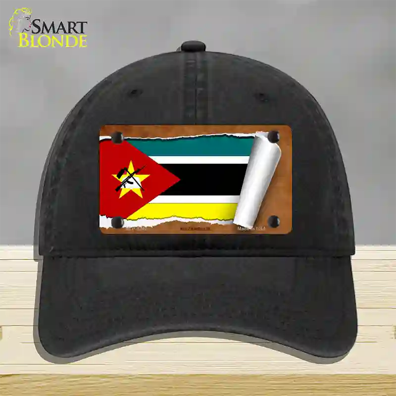 Mozambique Flag Scroll Novelty License Plate Hat Unconstructed Cotton / Black