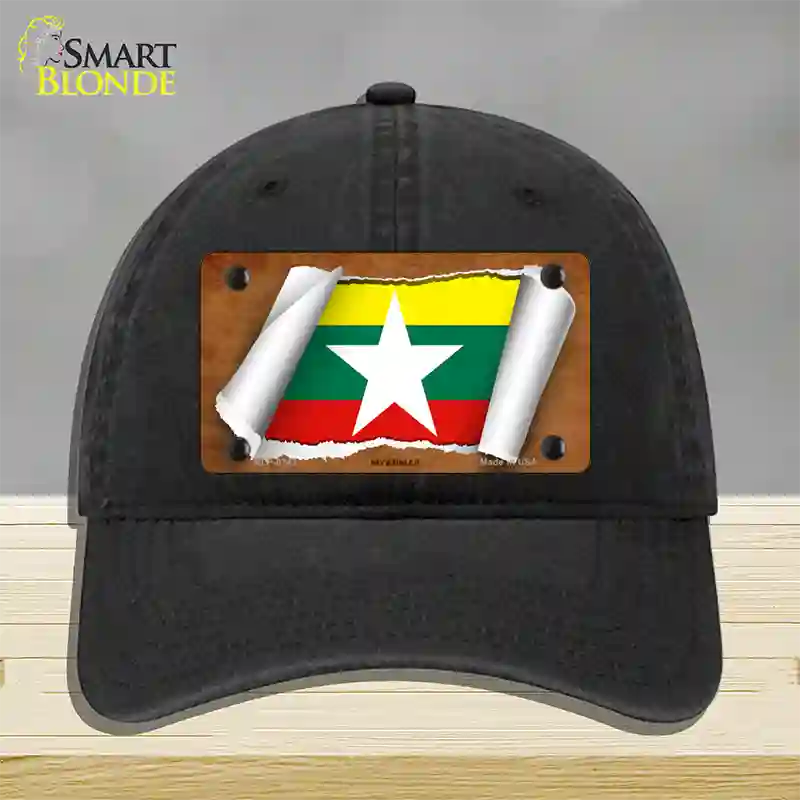 Myanmar Flag Scroll Novelty License Plate Hat Unconstructed Cotton / Black