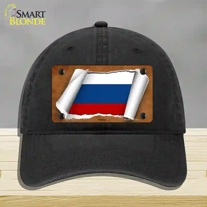 Russia Flag Scroll Novelty License Plate Hat Unconstructed Cotton / Black