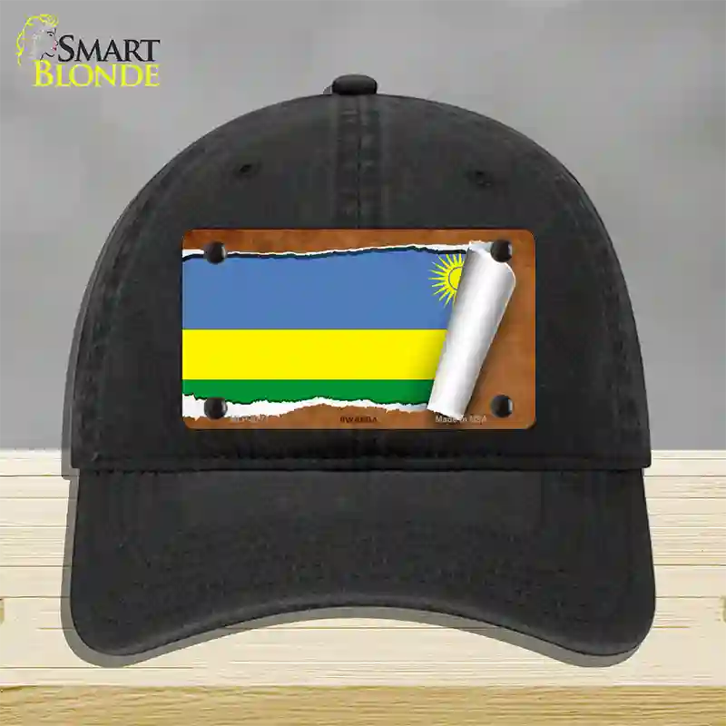 Rwanda Flag Scroll Novelty License Plate Hat Unconstructed Cotton / Black