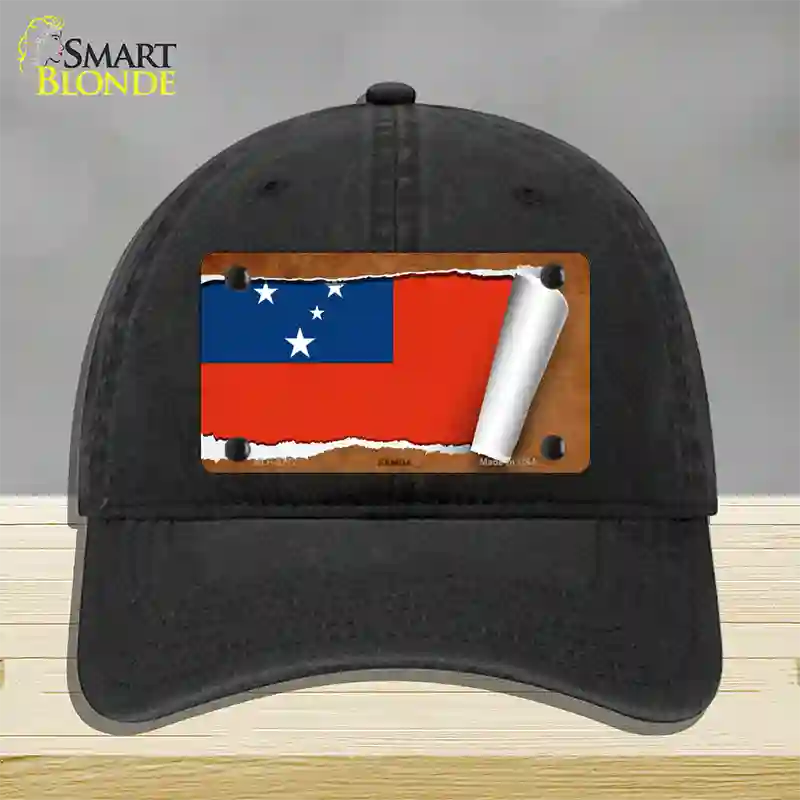 Samoa Flag Scroll Novelty License Plate Hat Unconstructed Cotton / Black