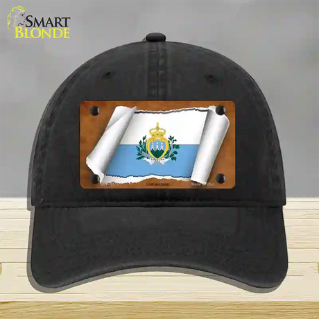 San Marino Flag Scroll Novelty License Plate Hat Unconstructed Cotton / Black