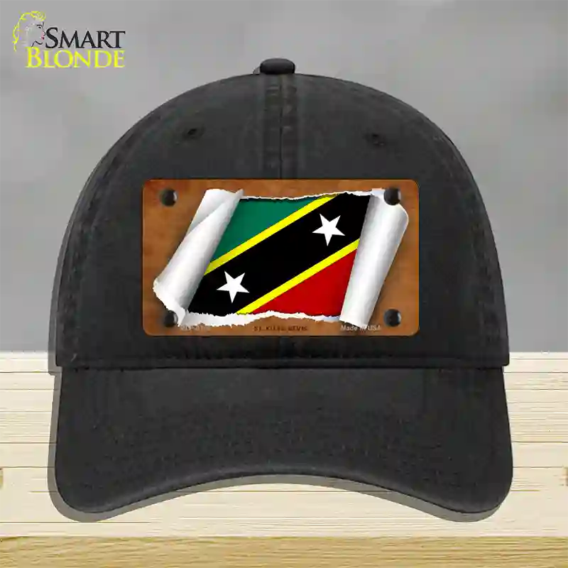 St Kitts-Nevis Flag Scroll Novelty License Plate Hat Unconstructed Cotton / Black