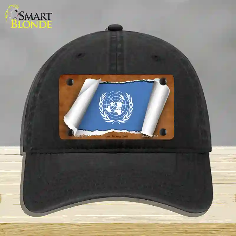 United Nations Flag Scroll Novelty License Plate Hat Unconstructed Cotton / Black