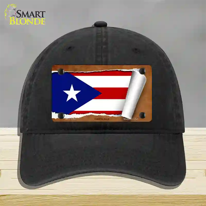 Puerto Rico Flag Scroll Novelty License Plate Hat Unconstructed Cotton / Black