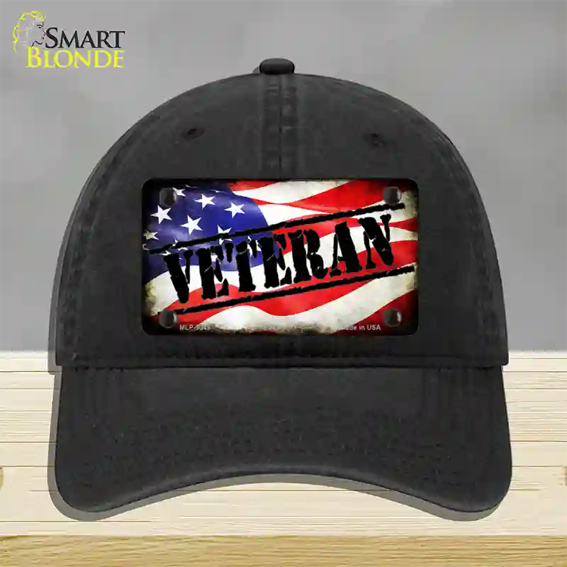 Veteran American Flag Novelty License Plate Hat Unconstructed Cotton / Black