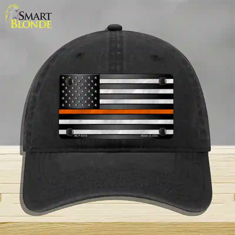 American Flag Thin Orange Line Novelty License Plate Hat Unconstructed Cotton / Black