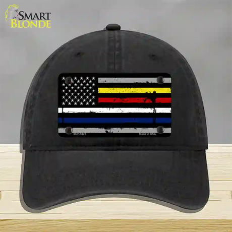 American Flag Police / Fire / EMS Novelty License Plate Hat Unconstructed Cotton / Black