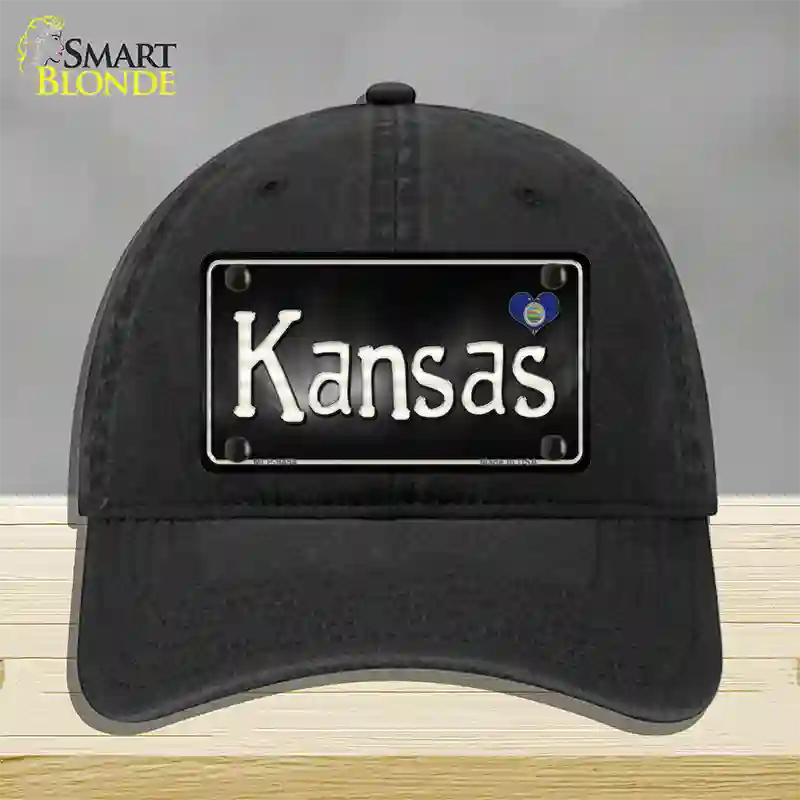 Kansas Flag Script Novelty License Plate Hat Unconstructed Cotton / Black