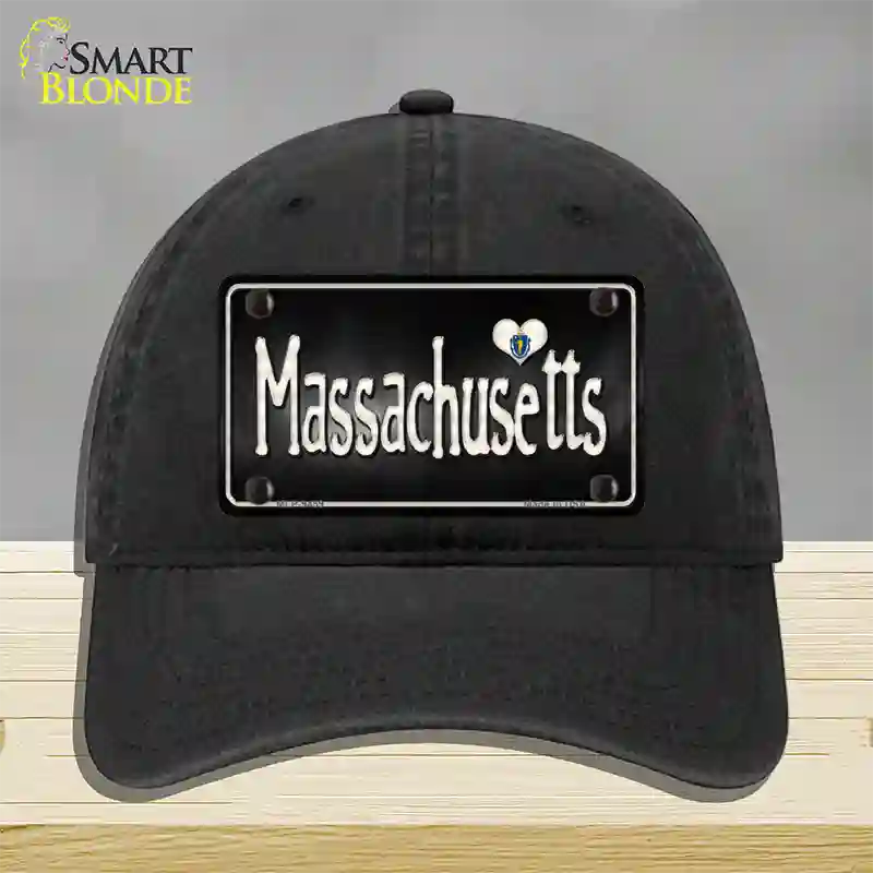 Massachusetts Flag Script Novelty License Plate Hat Unconstructed Cotton / Black