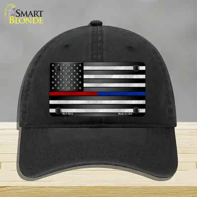 American Flag Police / Fire Novelty License Plate Hat Unconstructed Cotton / Black