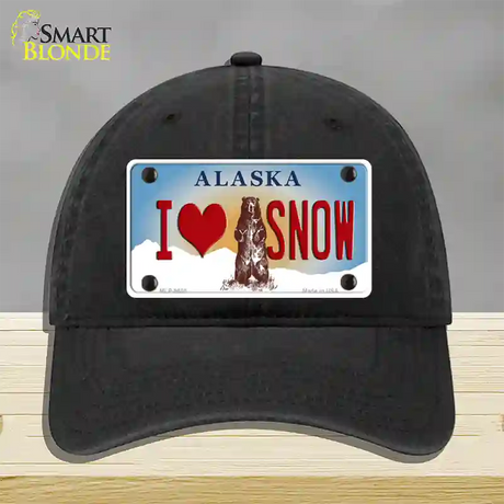 I Love Snow Alaska State Novelty License Plate Hat Unconstructed Cotton / Black