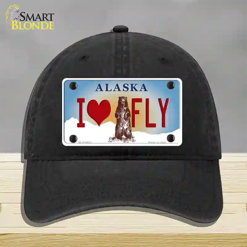 I Love Fly Alaska State Novelty License Plate Hat Unconstructed Cotton / Black