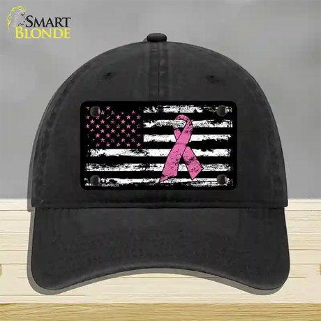 Vintage American Flag Pink Ribbon Novelty License Plate Hat Unconstructed Cotton / Black