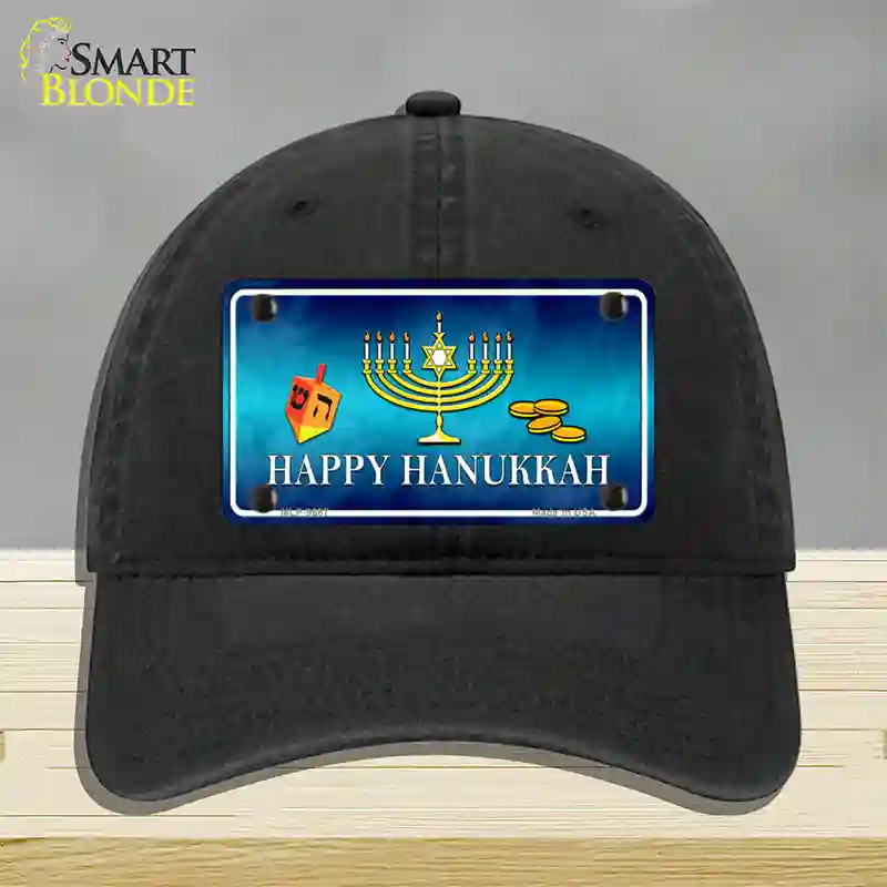 Happy Hanukkah Novelty License Plate Hat Unconstructed Cotton / Black