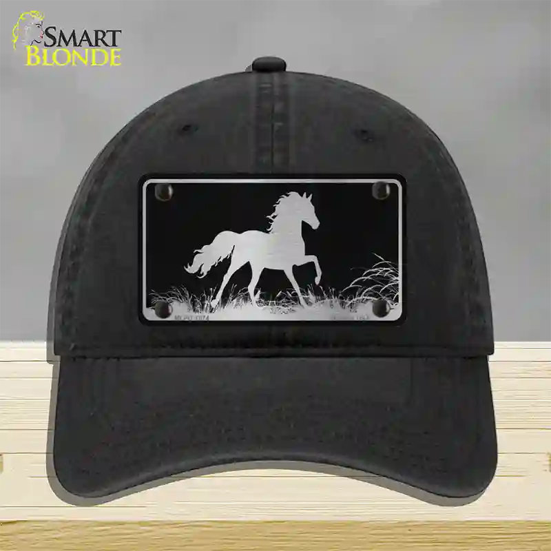 Horse Black Brushed Chrome Novelty License Plate Hat Unconstructed Cotton / Black