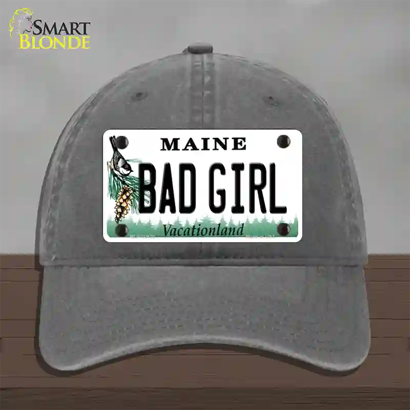 Bad Girl Maine Novelty License Plate Hat Unconstructed Cotton / Charcoal