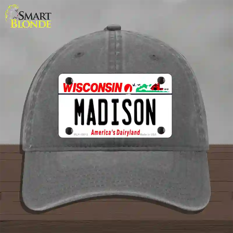 Madison Wisconsin Novelty License Plate Hat Unconstructed Cotton / Charcoal