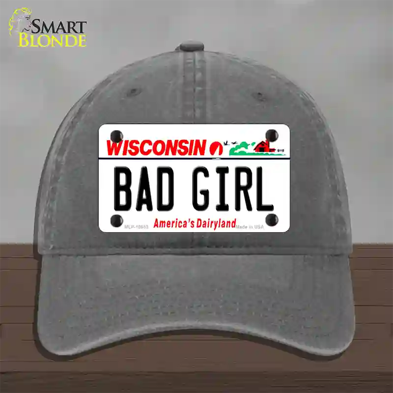 Bad Girl Wisconsin Novelty License Plate Hat Unconstructed Cotton / Charcoal