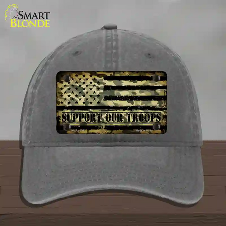 Camo American Flag Support Troops Novelty License Plate Hat Unconstructed Cotton / Charcoal