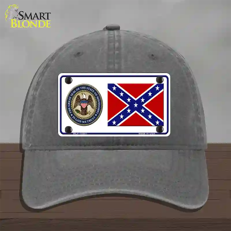 Confederate Flag Mississippi Seal Novelty License Plate Hat Unconstructed Cotton / Charcoal