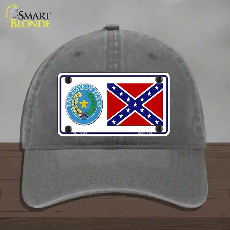 Confederate Flag Texas Seal Novelty License Plate Hat Unconstructed Cotton / Charcoal