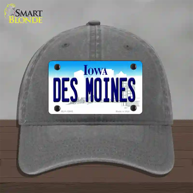 Des Moines Iowa Novelty License Plate Hat Unconstructed Cotton / Charcoal